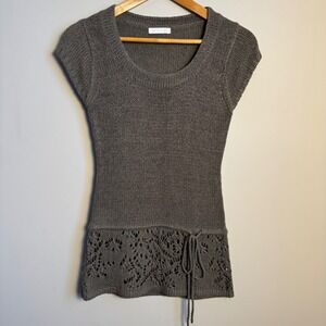 Promod Crochet Knit Cap Sleeve Tie Waist Tunic Sweater Top EU‎ Small Fairy Brown